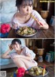 A woman sitting on a bed eating a bowl of food.